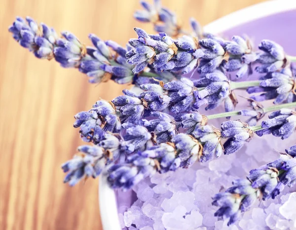 Lavendel blommor och badsalt — Stockfoto