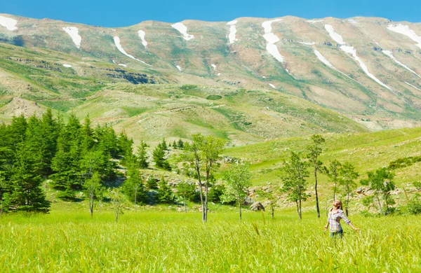 stock image Happy healthy women over mountain landscape