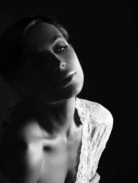 Closeup black&white portrait of pretty woman — Stock Photo, Image