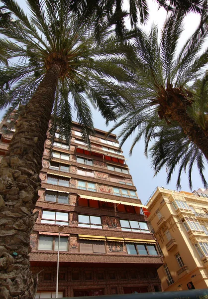 Edifici e palme tipici della città di Alicante Spagna — Foto Stock