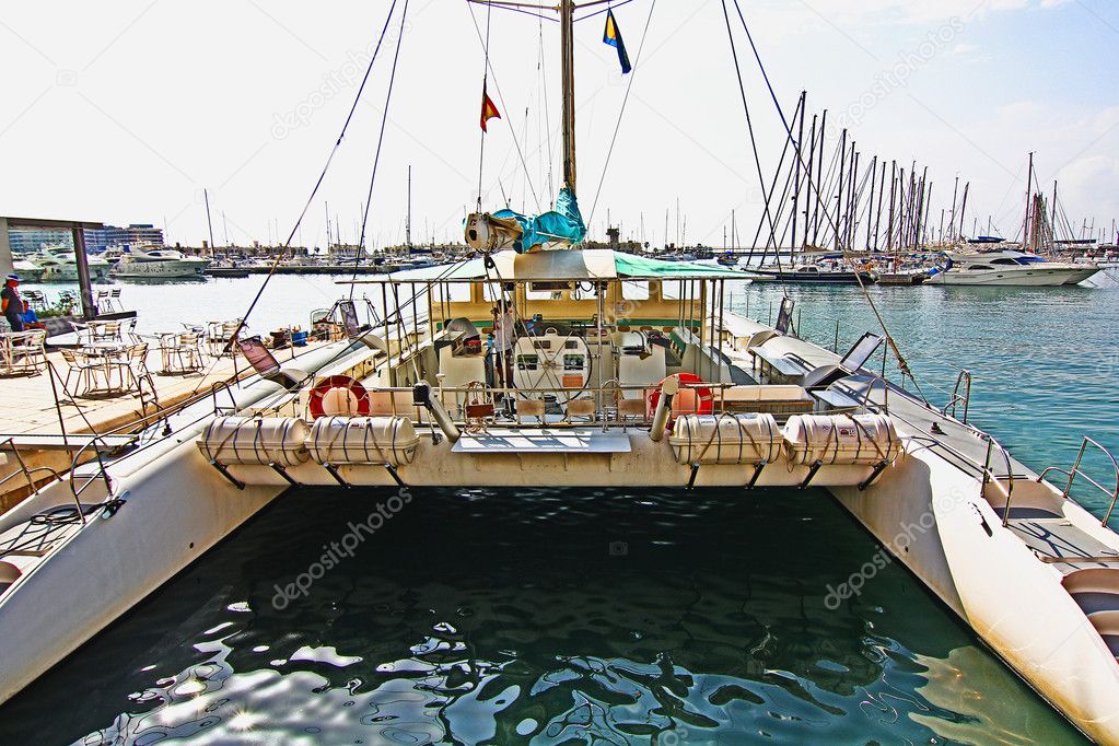 Preparing to sail modern catamaran