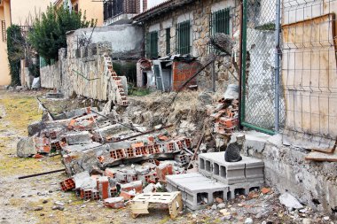 Wall dilapidated house with a cat watching clipart