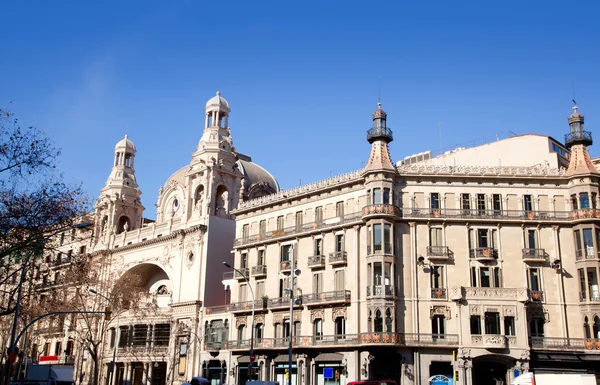 Barcelona city buildings Gran Via and Rambla Stock Photo