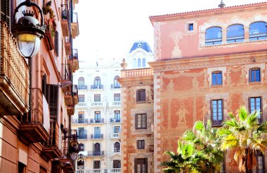 Barcelona city buildings facade in Sant Pere street clipart