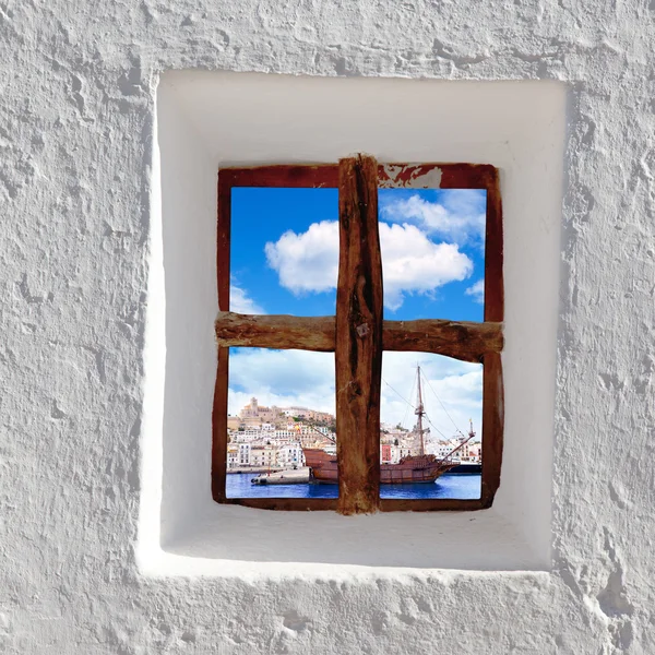 Eivissa Ibiza town view through window — Stock Photo, Image