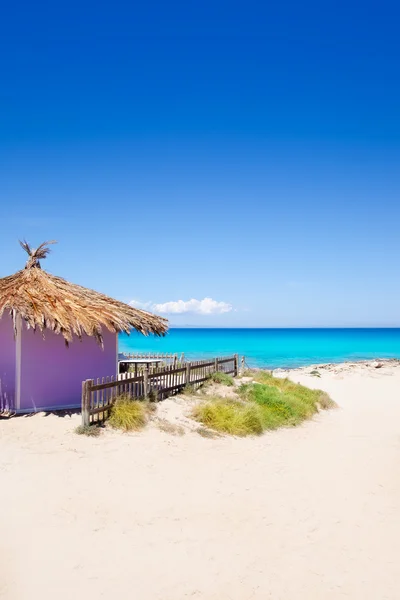 Cabaña tropical púrpura de Formentera en la playa turquesa — Foto de Stock