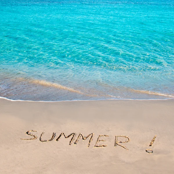 stock image Tropical beach with Summer word written in sand