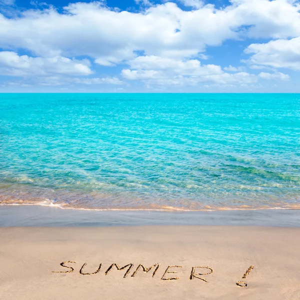 stock image Tropical beach with Summer word written in sand