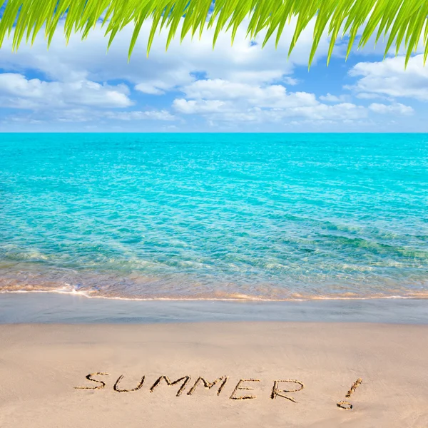 stock image Tropical beach with Summer word written in sand