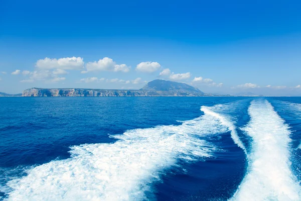 Alicante Denia view from sea and boat wake — Stock Photo, Image