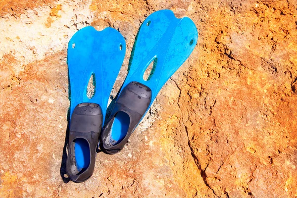 Blue scuba diving fins on summer day over rock — Stock Photo, Image
