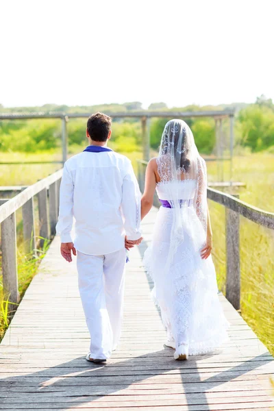 Casal feliz no dia do casamento andando visão traseira — Fotografia de Stock