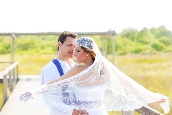 Pareja en el día de la boda con el viento en el velo — Foto de Stock