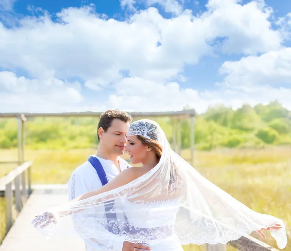 Casal no dia do casamento com vento no véu — Fotografia de Stock