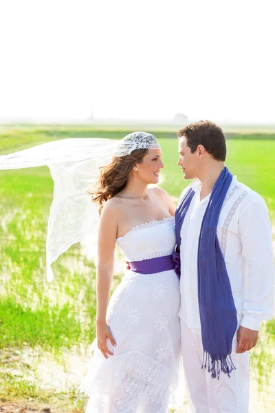 Pár v den svatby s větrem na závoj — Stock fotografie