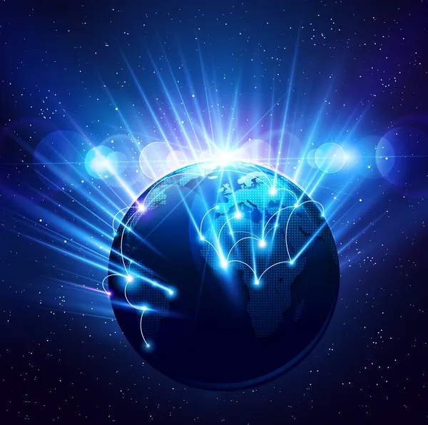 Planeta země ve světlé paprsky světla — Stockový vektor