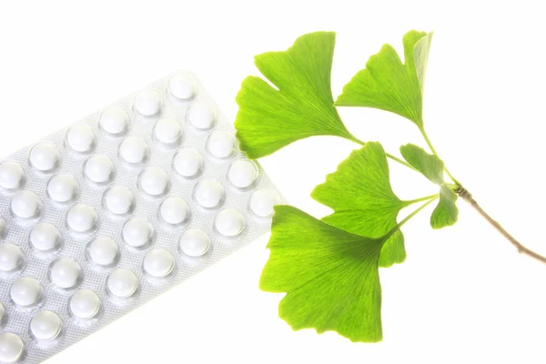 stock image Leaves of the ginkgo tree and coated tablets