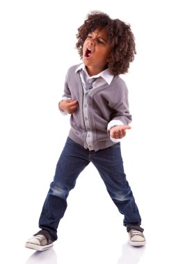 Little african american boy playing air guitar clipart