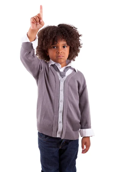Little african american boy with finger up — Stock Photo, Image