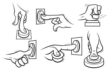 Cartoon hands pushing button. Outline.