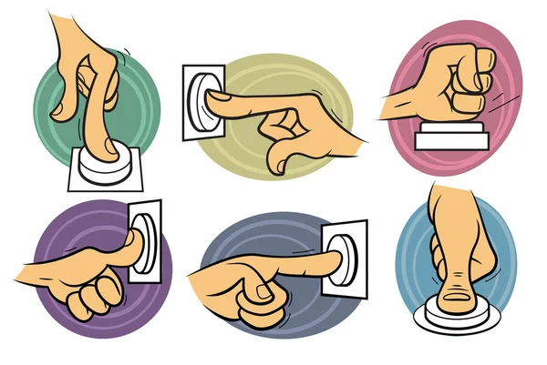 Bouton poussoir mains dessin animé en couleur — Image vectorielle
