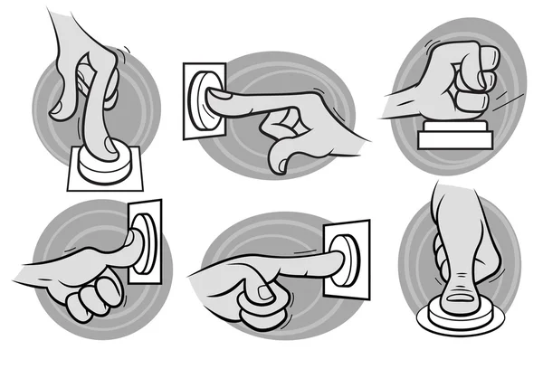 Bouton poussoir mains dessin animé en niveaux de gris — Image vectorielle