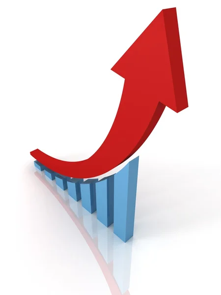 Gráfico de barras financieras de éxito con flecha ascendente sobre fondo blanco —  Fotos de Stock