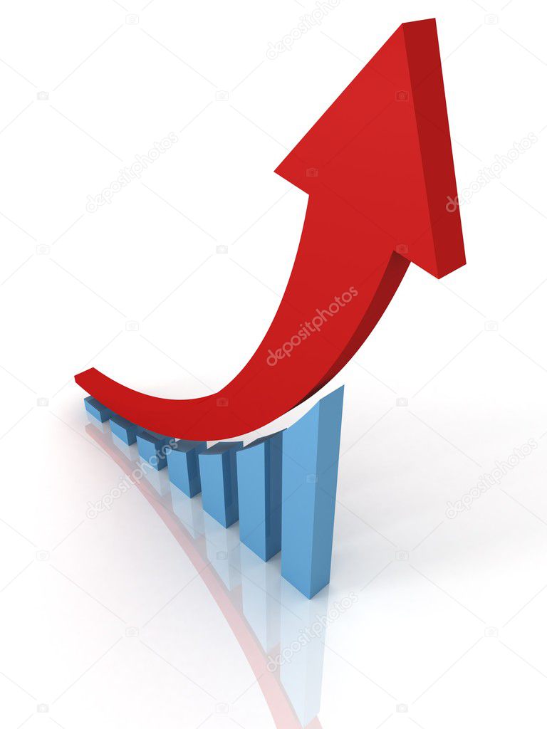 Success financial bar graph with rising arrow on white background