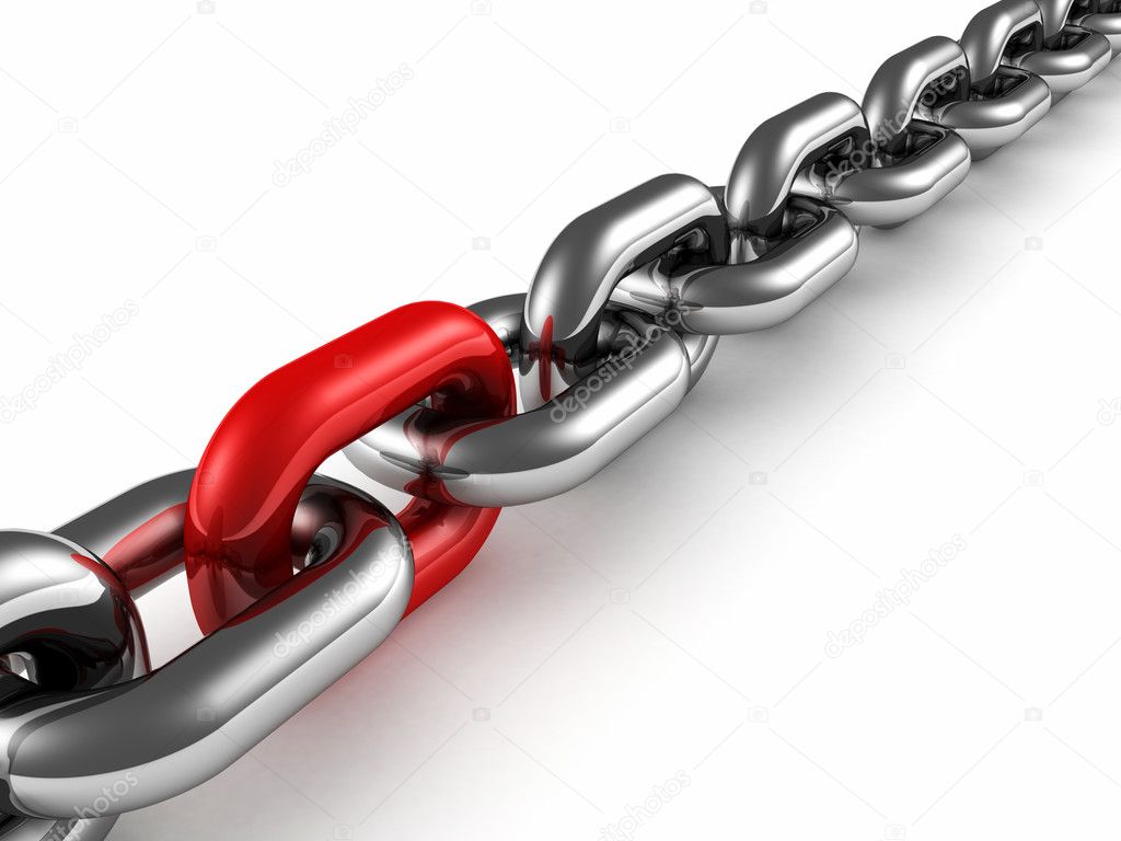 Metal chain with red part link as teamwork concept