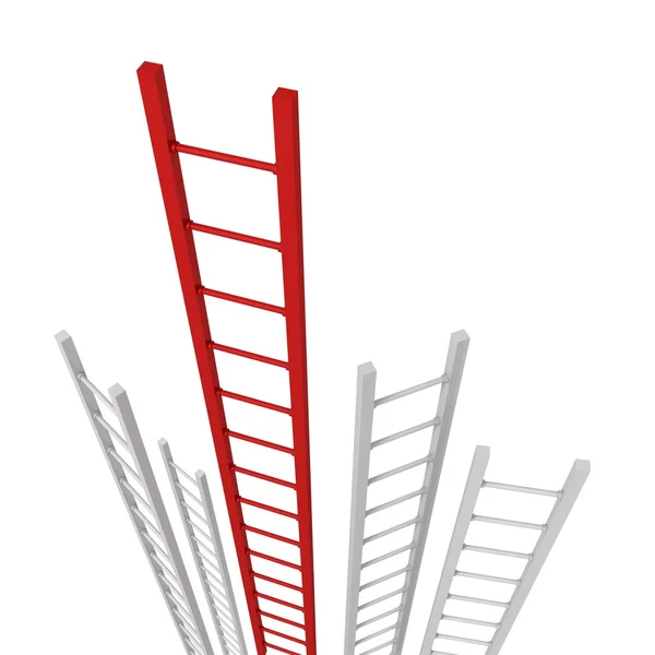 Червоні успішні сходи виділяються групою білих драбин — стокове фото