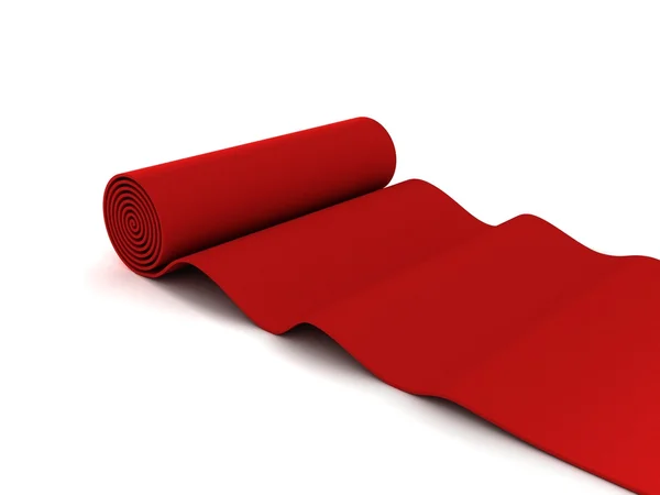 Clássico tapete vermelho rolando no fundo branco — Fotografia de Stock