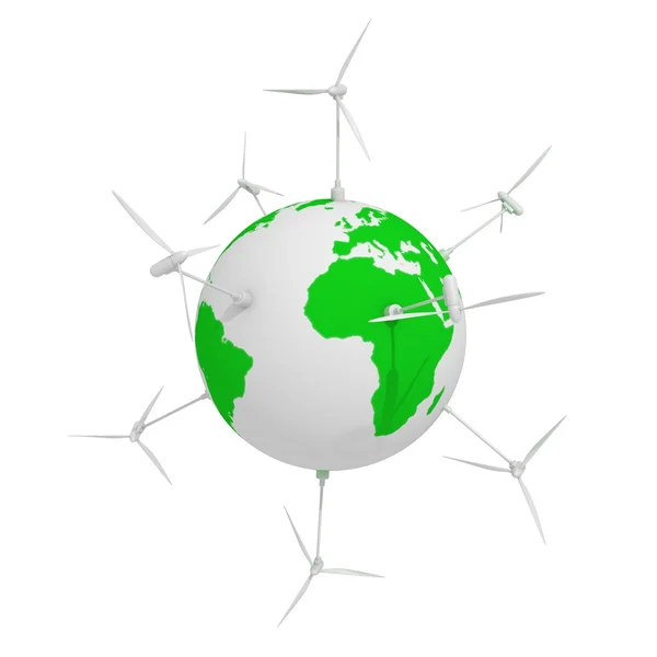 पवन ऊर्जा अवधारणा। हवा जनरेटर के साथ ग्रीन ग्लोब दुनिया — स्टॉक फ़ोटो, इमेज
