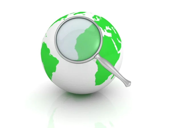 Concepto de búsqueda. globo terráqueo con lupa — Foto de Stock