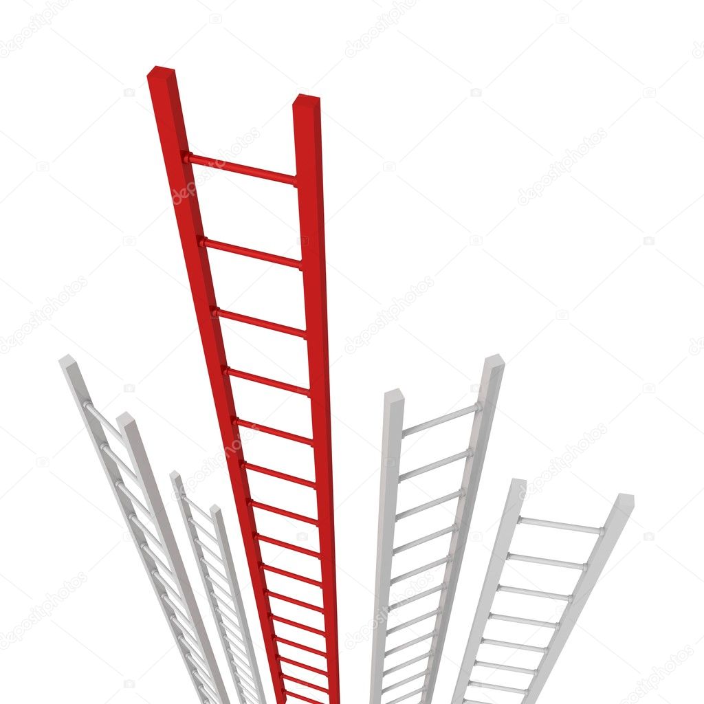 Red success ladder standing out from a group of white ladders