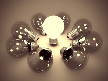 Idea concept of one glowing light bulb in the dark clipart