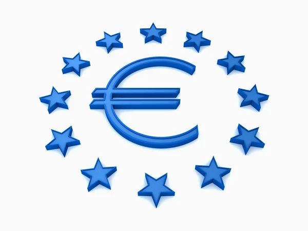 UE stelle rotonde con l'euro blu segno su sfondo bianco — Foto Stock