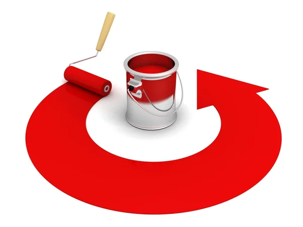 Lata de tinta aberta com rolo e seta redonda vermelha — Fotografia de Stock