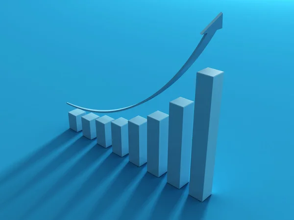 Modrá šipka a pruhový graf růst až se stínem — Stock fotografie