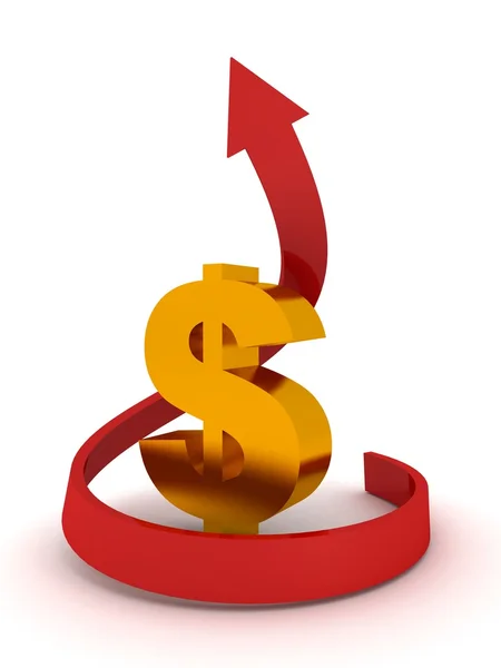 Moving up golden dollar red arrow on a white background — Stock Photo, Image