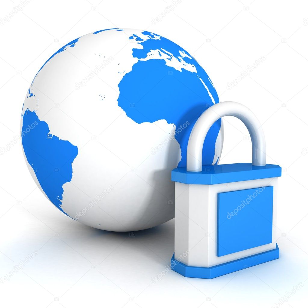 Padlock over blue planet globe sphere. safety concept