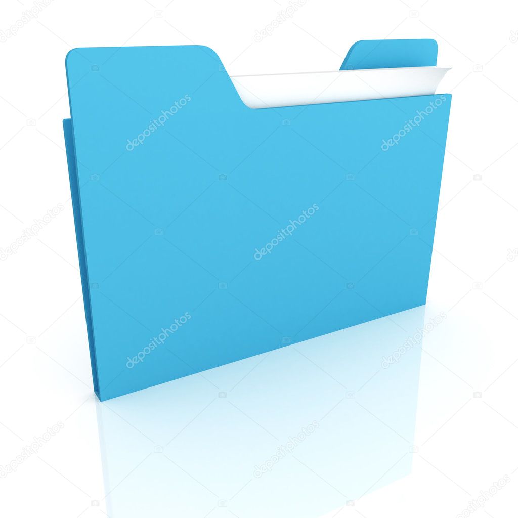 Blue office folder containing document papers on a white background
