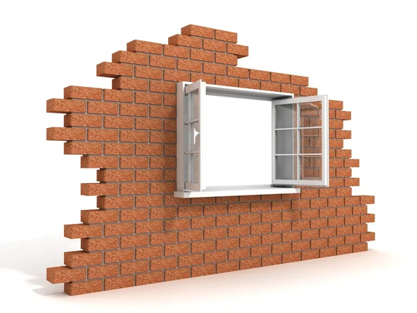 Opened plastic window in a destroyed brick wall — Stock Photo, Image