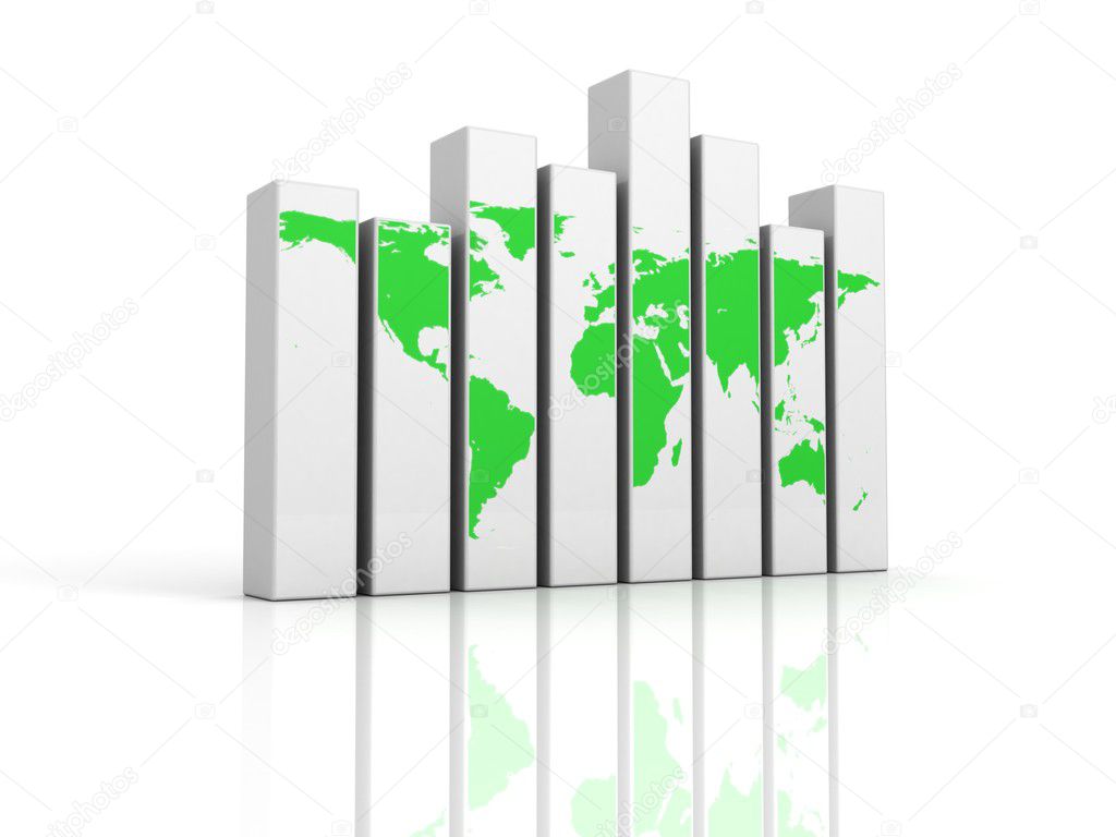 Bar chart graph with green world map