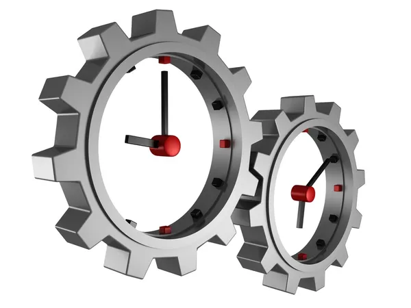 Tempo conceito relógios engrenagem rodas sobre fundo branco — Fotografia de Stock