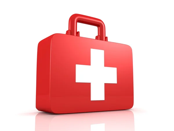 Caja de kit médico de primeros auxilios con cruz blanca sobre fondo blanco —  Fotos de Stock