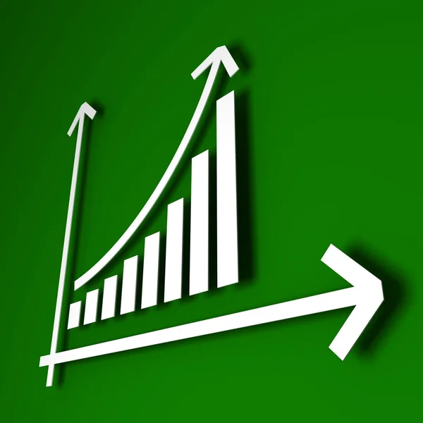 Bílá grafu bar diagram s bílým růst šipkou na zeleném pozadí — Stock fotografie