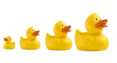 Yellow toy duckling on white background clipart