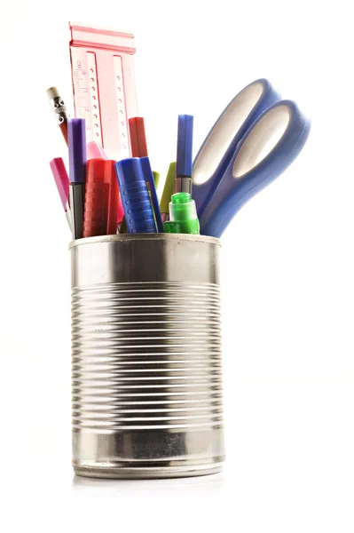 Stationery in a tin can on white — Stock Photo, Image