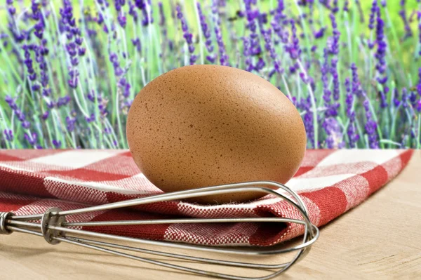 One Egg on a cloth against flower background — Stock Photo, Image