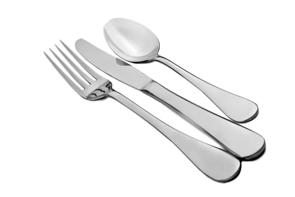 Fourchette à cuillère et couteau sur fond blanc — Photo
